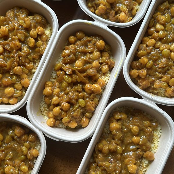 Moroccan couscous with caramelised onions, chickpeas & raisins