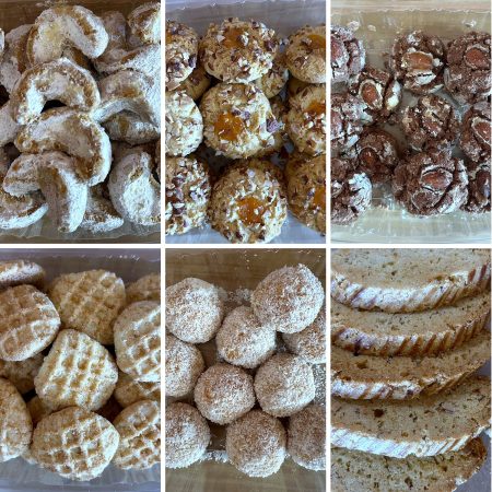 Moroccan cookies mix and match box — all six kinds: peanut butter, plain with apricot, chocolate with cinnamon, plain with orange, coconut with apricot, Moroccan biscotti